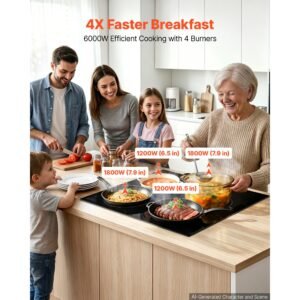 electric cooktop 24inch 4 burners stove top 6000w 220v no plug, ceramic built in radiant electric stove , with 11 power levels, over heat guard, knob control, for diverse cooking requirements