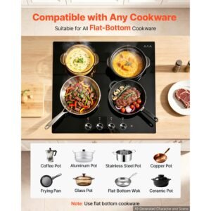 electric cooktop 24inch 4 burners stove top 6000w 220v no plug, ceramic built in radiant electric stove , with 11 power levels, over heat guard, knob control, for diverse cooking requirements