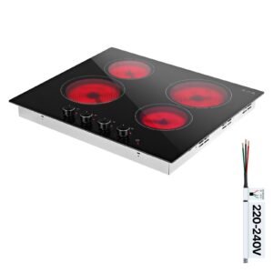 Electric Cooktop 24inch 4 Burners Stove Top 6000W 220V No Plug, Ceramic Built-in Radiant Electric Stove , with 11 Power Levels, Over-Heat Guard, Knob Control, for Diverse Cooking Requirements