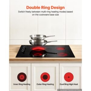 electric cooktop 30inch 4 burners stove top 6700w 220v no plug, ceramic built in radiant electric stove , with 11 power levels, timer, child lock, over heat guard, knob/touch control