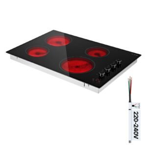 Electric Cooktop 30inch 4 Burners Stove Top 6700W 220V No Plug, Ceramic Built-in Radiant Electric Stove , with 11 Power Levels, Timer, Child Lock, Over-Heat Guard, Knob/Touch Control