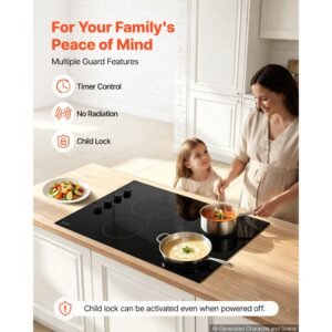 electric cooktop 30inch 4 burners stove top 6700w 220v no plug, ceramic built in radiant electric stove , with 11 power levels, timer, child lock, over heat guard, knob/touch control