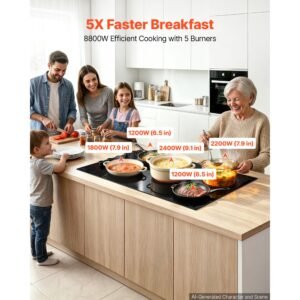 electric cooktop 36inch 5 burners stove top 8800w 220v no plug, ceramic built in radiant electric stove , with 11 power levels, timer, child lock, over heat guard, knob/touch control
