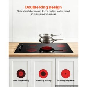electric cooktop 36inch 5 burners stove top 8800w 220v no plug, ceramic built in radiant electric stove , with 11 power levels, timer, child lock, over heat guard, knob/touch control