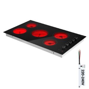 Electric Cooktop 36inch 5 Burners Stove Top 8800W 220V No Plug, Ceramic Built-in Radiant Electric Stove , with 11 Power Levels, Timer, Child Lock, Over-Heat Guard, Knob/Touch Control