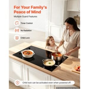 electric cooktop 36inch 5 burners stove top 8800w 220v no plug, ceramic built in radiant electric stove , with 11 power levels, timer, child lock, over heat guard, knob/touch control