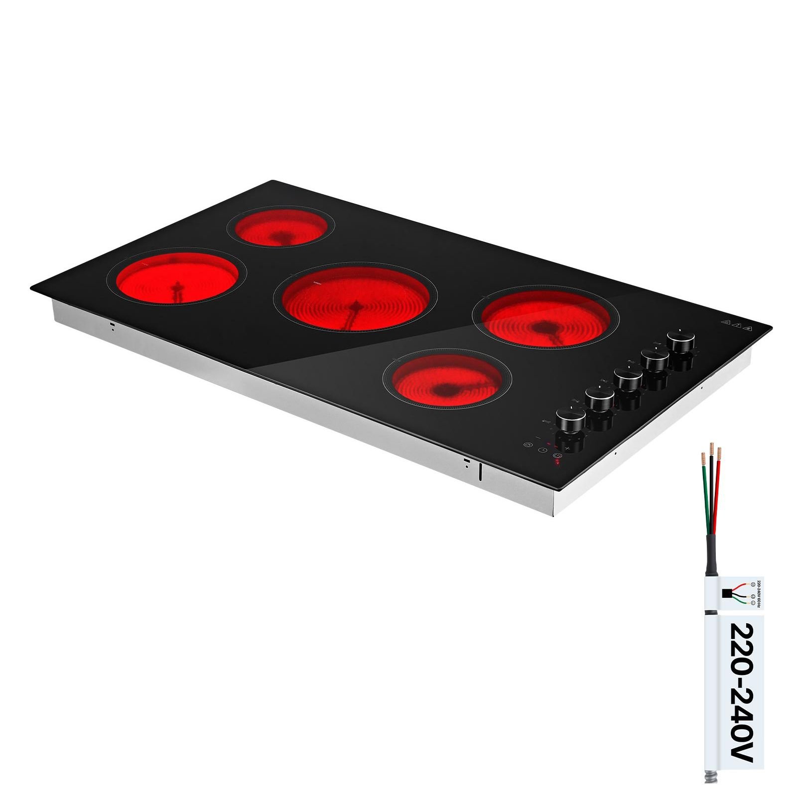 electric cooktop 36inch 5 burners stove top 8800w 220v no plug, ceramic built in radiant electric stove , with 11 power levels, timer, child lock, over heat guard, knob/touch control