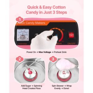 electric cotton candy machine, 1000w commercial floss maker with cover, commercial cotton candy machine w/stainless steel bowl & sugar scoop, ideal for carnival, birthday, family party, pink
