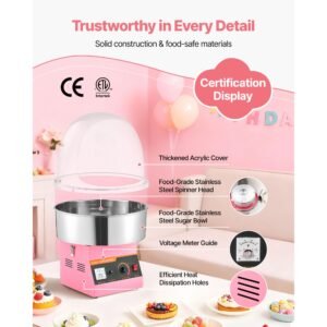 electric cotton candy machine, 1000w commercial floss maker with cover, commercial cotton candy machine w/stainless steel bowl & sugar scoop, ideal for carnival, birthday, family party, pink