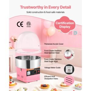 electric cotton candy machine, 1000w electric floss maker with cover, commercial cotton candy machine w/stainless steel bowl & sugar scoop, ideal for home, carnival, birthday, family party, pink
