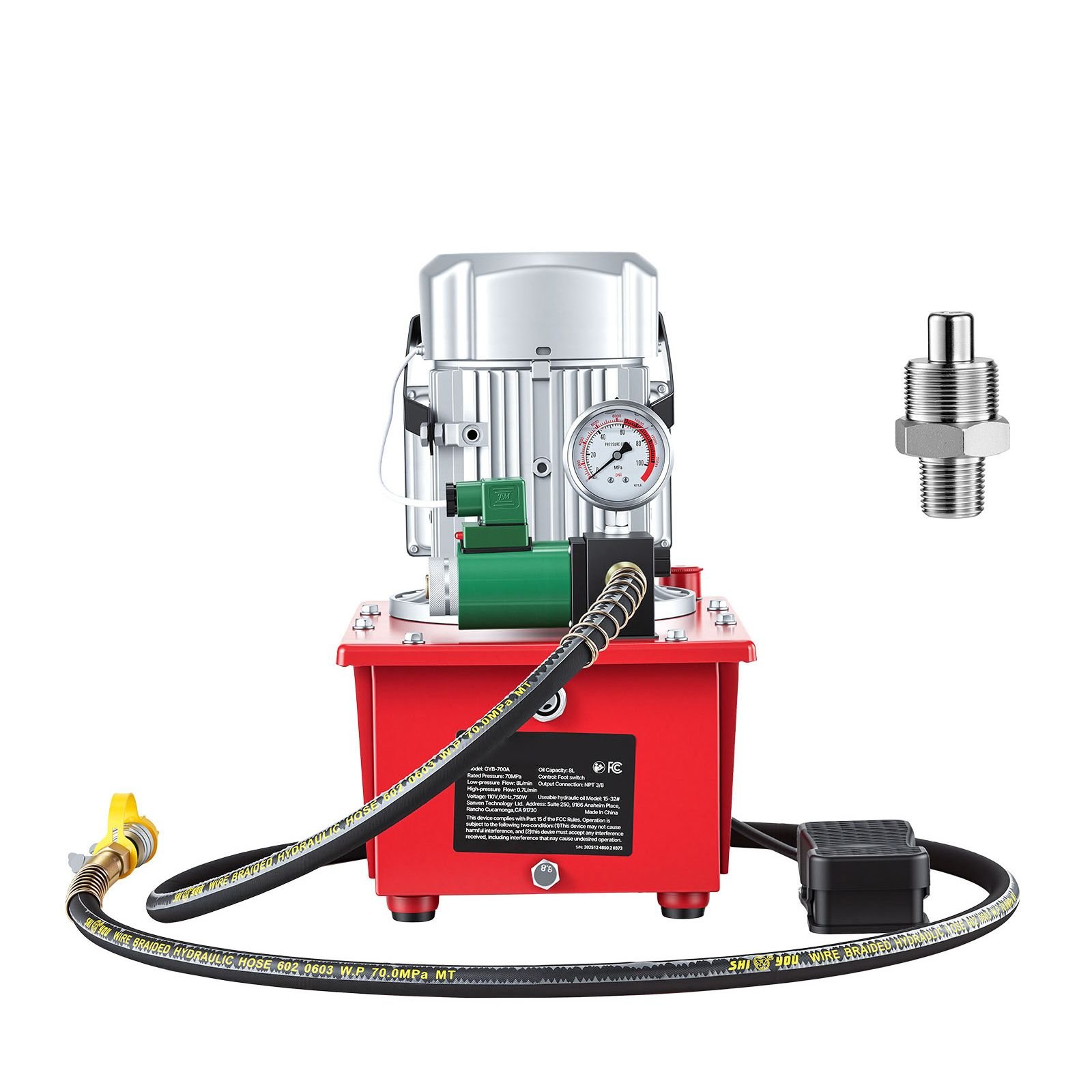 electric driven hydraulic pump, 750w 10,000 psi, 120v single acting hydraulic pump power pack unit, solenoid valve with pedal switch, 2.1 gal / 8l, for punching, bending, single acting cylinders