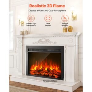 electric fireplace insert, 28.5 inch recessed and wall mounted with adjustable flame color brightness & 8h timer & remote control, indoor heater w/ 750w/1500w dual heating modes, 5000btu black