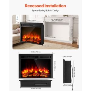 electric fireplace insert, 28.5 inch recessed and wall mounted with adjustable flame color brightness & 8h timer & remote control, indoor heater w/ 750w/1500w dual heating modes, 5000btu black