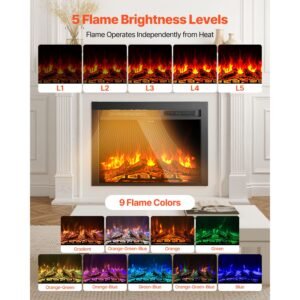 electric fireplace insert, 28.5 inch recessed and wall mounted with adjustable flame color brightness & 8h timer & remote control, indoor heater w/ 750w/1500w dual heating modes, 5000btu black