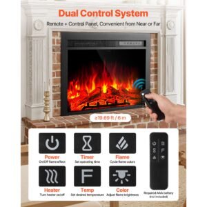 electric fireplace insert, 28.5 inch recessed and wall mounted with adjustable flame color brightness & 8h timer & remote control, indoor heater w/ 750w/1500w dual heating modes, 5000btu black