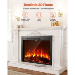 electric fireplace insert, 35 inch recessed and wall mounted with adjustable flame color brightness & 8h timer & remote control, indoor heater w/ 750w/1500w dual heating modes, 5000btu black
