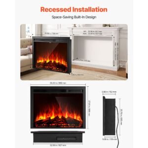 electric fireplace insert, 35 inch recessed and wall mounted with adjustable flame color brightness & 8h timer & remote control, indoor heater w/ 750w/1500w dual heating modes, 5000btu black