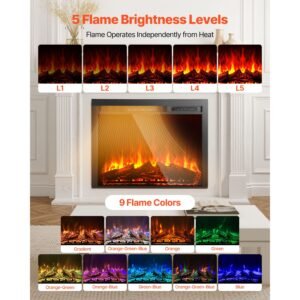 electric fireplace insert, 35 inch recessed and wall mounted with adjustable flame color brightness & 8h timer & remote control, indoor heater w/ 750w/1500w dual heating modes, 5000btu black
