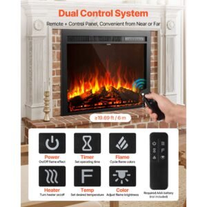 electric fireplace insert, 35 inch recessed and wall mounted with adjustable flame color brightness & 8h timer & remote control, indoor heater w/ 750w/1500w dual heating modes, 5000btu black