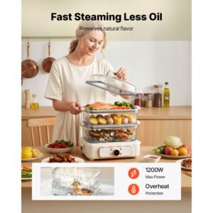 electric food steamer 10.6 qt glass with 3 tier stainless steel trays, 1200w vegetable steamer for cooking, 2 4 servings, pre programmed settings, delay start, for veggies, seafood & rice, white