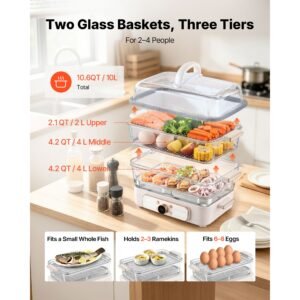 electric food steamer 10.6 qt glass with 3 tier stainless steel trays, 1200w vegetable steamer for cooking, 2 4 servings, pre programmed settings, delay start, for veggies, seafood & rice, white