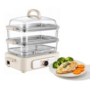 Electric Food Steamer 10.6 QT Glass with 3-Tier Stainless Steel Trays, 1200W Vegetable Steamer for Cooking, 2-4 Servings, Pre-Programmed Settings, Delay Start, for Veggies, Seafood & Rice, White