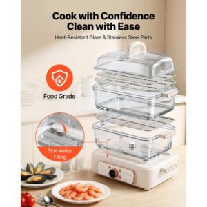 electric food steamer 10.6 qt glass with 3 tier stainless steel trays, 1200w vegetable steamer for cooking, 2 4 servings, pre programmed settings, delay start, for veggies, seafood & rice, white