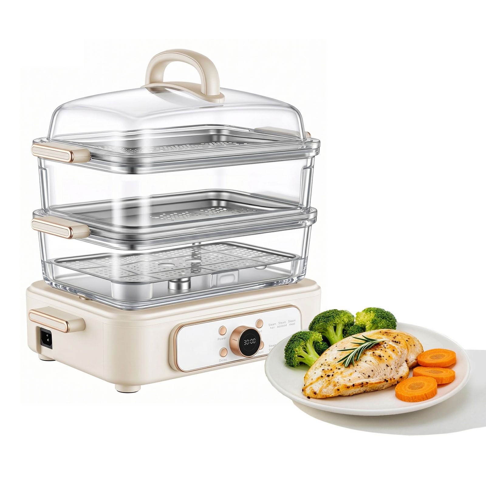 electric food steamer 10.6 qt glass with 3 tier stainless steel trays, 1200w vegetable steamer for cooking, 2 4 servings, pre programmed settings, delay start, for veggies, seafood & rice, white