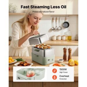 electric food steamer 13.7 qt 2 tier stainless steel for 3 6 servings, 1500w vegetable & meal steamer for cooking with 9 pre programmed settings, keep warm, for veggies, seafood & rice, green