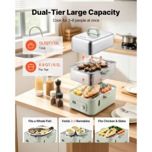 electric food steamer 13.7 qt 2 tier stainless steel for 3 6 servings, 1500w vegetable & meal steamer for cooking with 9 pre programmed settings, keep warm, for veggies, seafood & rice, green