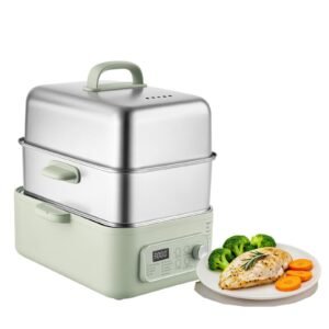 Electric Food Steamer 13.7 QT 2-Tier Stainless Steel for 3-6 Servings, 1500W Vegetable & Meal Steamer for Cooking with 9 Pre-Programmed Settings, Keep Warm, for Veggies, Seafood & Rice, Green