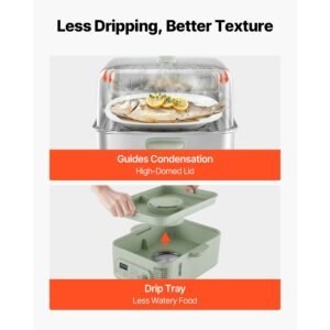 electric food steamer 13.7 qt 2 tier stainless steel for 3 6 servings, 1500w vegetable & meal steamer for cooking with 9 pre programmed settings, keep warm, for veggies, seafood & rice, green