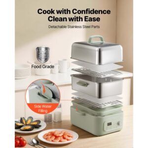 electric food steamer 13.7 qt 2 tier stainless steel for 3 6 servings, 1500w vegetable & meal steamer for cooking with 9 pre programmed settings, keep warm, for veggies, seafood & rice, green