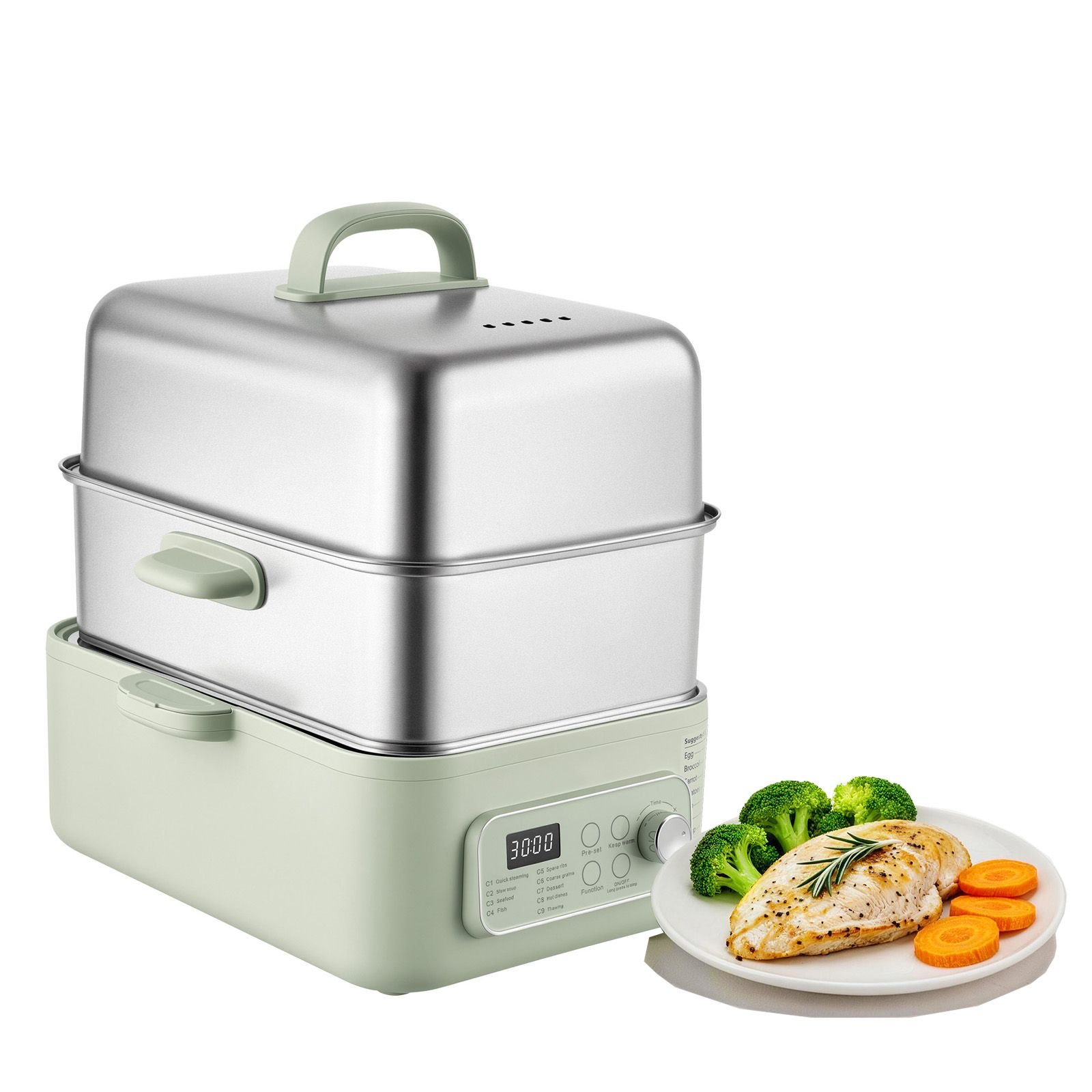 electric food steamer 13.7 qt 2 tier stainless steel for 3 6 servings, 1500w vegetable & meal steamer for cooking with 9 pre programmed settings, keep warm, for veggies, seafood & rice, green