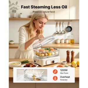 electric food steamer 6.3 qt glass with 2 tier stainless steel trays, 1200w vegetable steamer for cooking, 1 3 servings, pre programmed settings, delay start, for veggies, seafood & rice, white