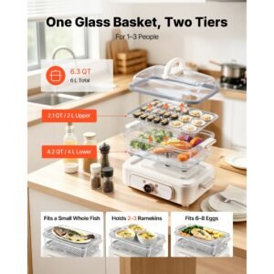 electric food steamer 6.3 qt glass with 2 tier stainless steel trays, 1200w vegetable steamer for cooking, 1 3 servings, pre programmed settings, delay start, for veggies, seafood & rice, white