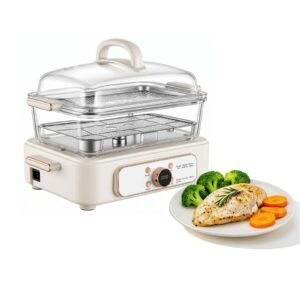 Electric Food Steamer 6.3 QT Glass with 2-Tier Stainless Steel Trays, 1200W Vegetable Steamer for Cooking, 1-3 Servings, Pre-Programmed Settings, Delay Start, for Veggies, Seafood & Rice, White