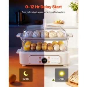 electric food steamer 6.3 qt glass with 2 tier stainless steel trays, 1200w vegetable steamer for cooking, 1 3 servings, pre programmed settings, delay start, for veggies, seafood & rice, white