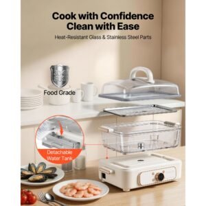 electric food steamer 6.3 qt glass with 2 tier stainless steel trays, 1200w vegetable steamer for cooking, 1 3 servings, pre programmed settings, delay start, for veggies, seafood & rice, white