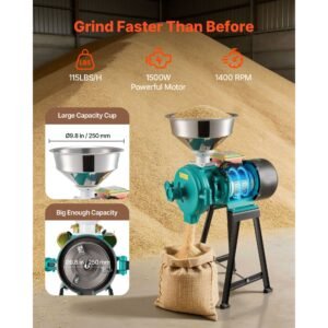 electric grain mill grinder, 110 lbs/h commercial spice grinders, 1500w cast iron pulverizer powder machine with non slip rubber feet, for dry grains, spices, cereals, coffee, corn & pepper