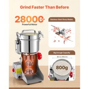 electric grain mill grinder, 1.8 lbs commercial spice grinders, high speed 2100w stainless steel pulverizer powder machine, for dry grains, spices, cereals, coffee, corn & pepper, swing type