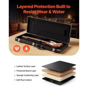 electric guitar hard case, 41.3 inch, rectangle wooden hard shell protective carrying case, with lock latch, padding, accessory compartment, key, for 39 inch tele/st electric guitars, black
