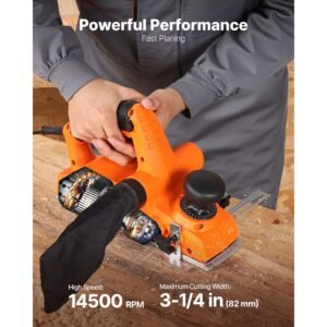 Electric Hand Planer, 3-1/4-Inch Cut Width, 7-Amp 14500 RPM Corded Power Handheld Planer for Wood, with Adjustable Cut Depth, 2 Blades, for Woodworking Wood Chamfer DIY Smooth Finish Carpentry