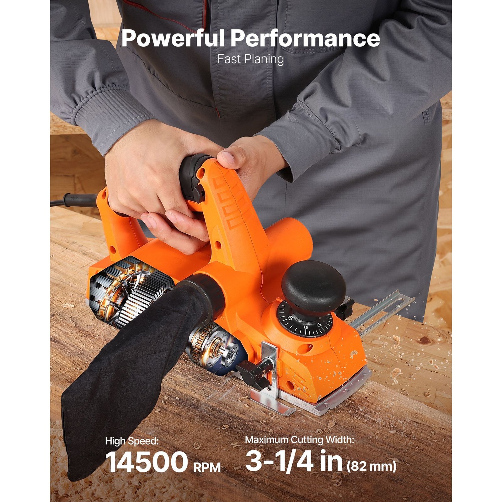 electric hand planer, 3 1/4 inch cut width, 7 amp 14500 rpm corded power handheld planer for wood, with adjustable cut depth, 2 blades, for woodworking wood chamfer diy smooth finish carpentry