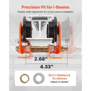 electric hoist manual trolley, 1100 lbs/0.5 ton load for pa200 pa250 pa300 pa400 pa500, push beam trolley with dual wheels, 2.68" 4.33" adjustable beam flange width for straight & curved i beam
