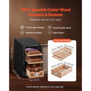 electric humidor, 23l, 150 counts electric cigar humidor cabinet with cooling temperature control, spanish cedar wood shelves & drawers, mechanical hygrometer, 3 layers, cooler for household