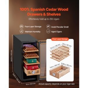 electric humidor, 33l, 250 counts electric cigar humidor cabinet with cooling temperature control, spanish cedar wood shelves & drawers, mechanical hygrometer, 4 layers, cooler for household