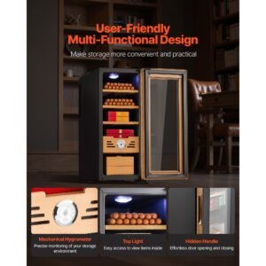 electric humidor, 33l, 250 counts electric cigar humidor cabinet with cooling temperature control, spanish cedar wood shelves & drawers, mechanical hygrometer, 4 layers, cooler for household