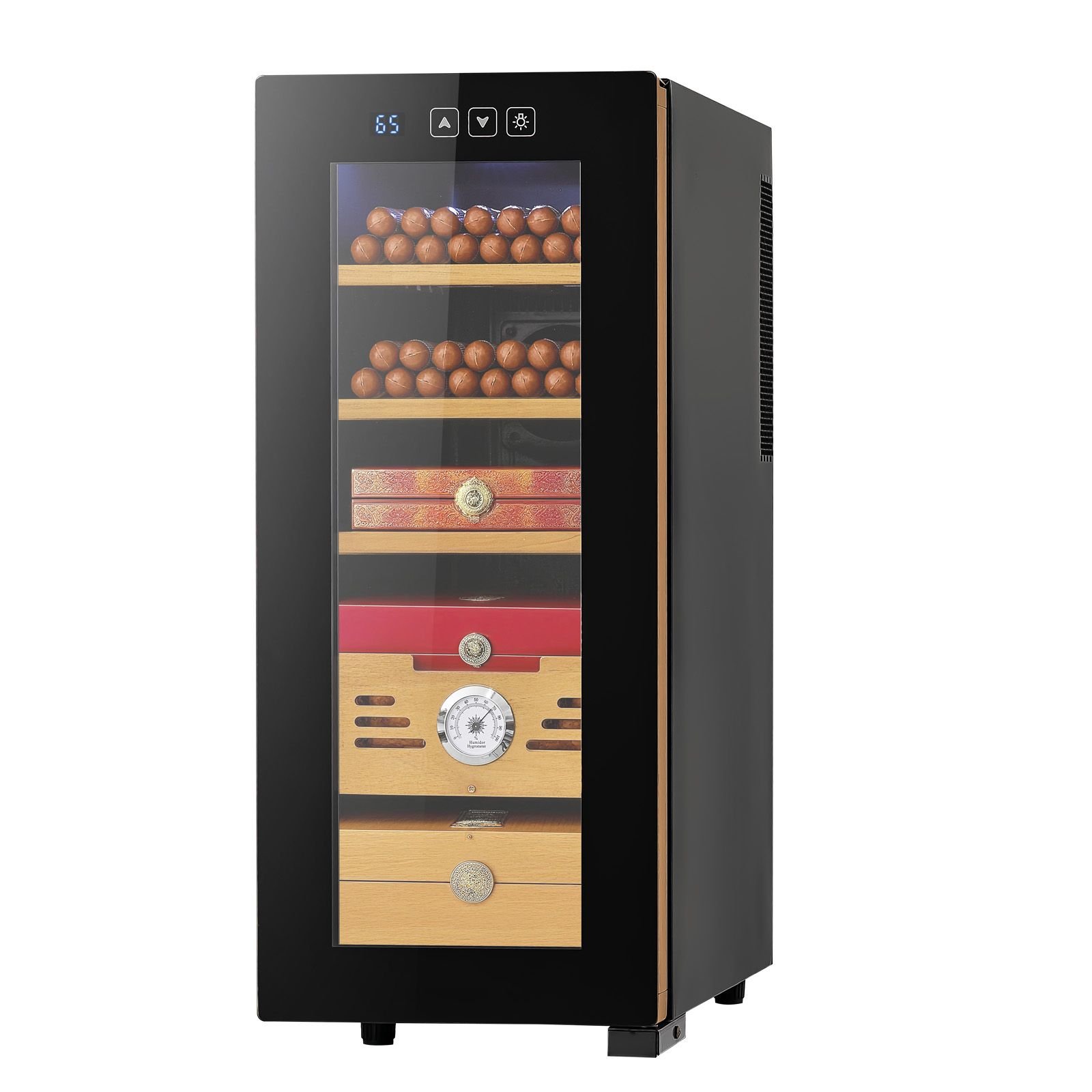 electric humidor, 33l, 250 counts electric cigar humidor cabinet with cooling temperature control, spanish cedar wood shelves & drawers, mechanical hygrometer, 4 layers, cooler for household