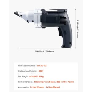 electric metal shear, 4.0 amp corded sheet metal cutter with 360 degree swivel head, variable speed, continuous cutting, clean cut for 18ga galvanized steel, 20 ga stainless steel, 2500 spm